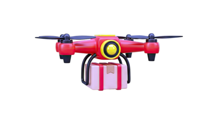 Red delivery drone carrying a package