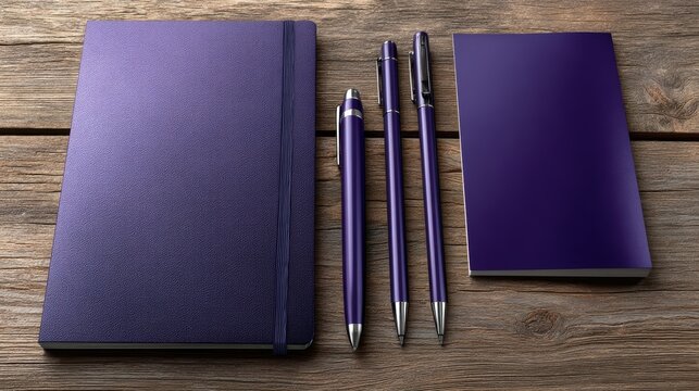 Purple notebook and pen on wooden table close up of purple notebook and pen resting on a textured wooden table simple workspace setup