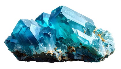 Fototapeta premium A close-up shot of a cluster of vibrant, translucent blue crystals with sharp edges and a rough, rocky base, set against white