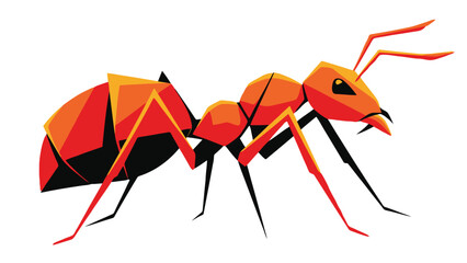 Stylized low poly geometric vector illustration of an ant insect in bright orange and red shades for nature biology educational materials and unique creative branding identity for startups.