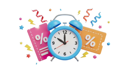 Limited time discount offer with alarm clock, festive confetti, and promotion coupons