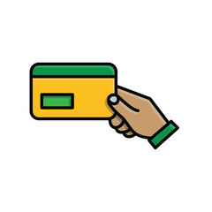 Payment icon. Hand holding out a credit card. Economics, business, accounting. Isometric design style.