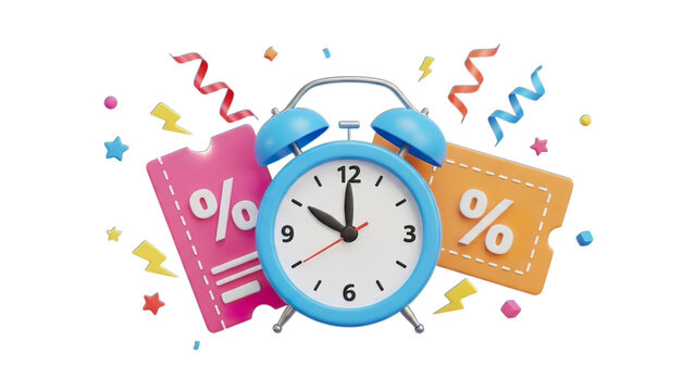 Limited time discount offer with alarm clock, festive confetti, and promotion coupons