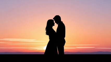 Silhouette of a couple embracing at sunset symbolizing love and romance perfect for wedding invitations or romantic concepts
