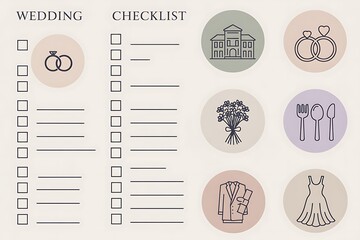 Comprehensive wedding planning checklist with essential icons