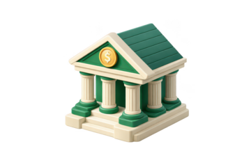 Bank building on transparent background, 3D classical financial institution icon with green roof and columns, isolated clipart for business, banking, money, fintech design
