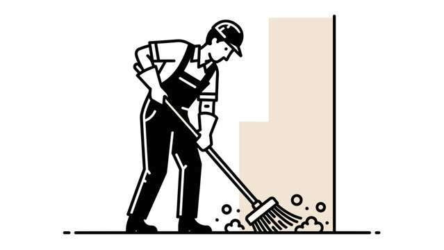 Man wearing overalls using a broom to sweep dust and debris on the floor