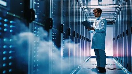 Scientist in lab coat examines data in a high-tech server room with fog and illuminated servers - Powered by Adobe