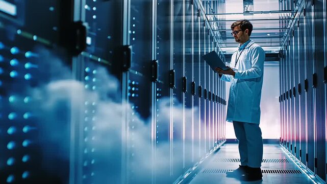 Scientist in lab coat examines data in a high-tech server room with fog and illuminated servers