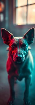 Glow-drenched hound, electric haze, ethereal blur,  cyberpunk aesthetic,  bokeh blur