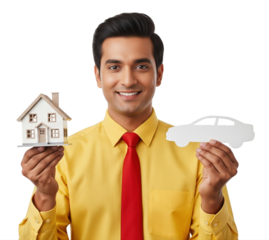 Smiling man holding a model house and paper car cutout, representing home and car insurance or loan services.