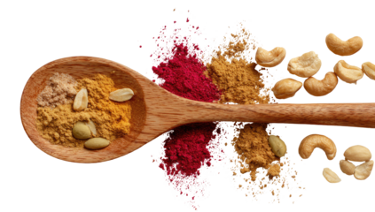 Wooden spoon with spices, nuts & powders on a black backdrop, top-down view