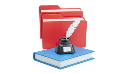 Writing and Archiving Concept: Feather Pen, Inkwell, Book, and Folders