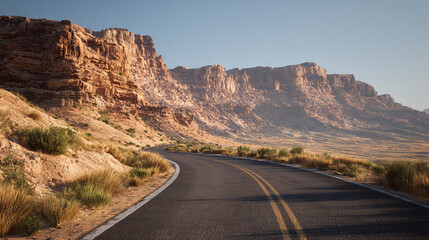 An open road winds through a stunning desert landscape, with towering cliffs in the distance. The road stretches invitingly towards the horizon