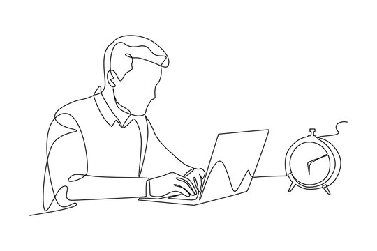 Man typing with alarm clock nearby. Time Management concept. Single line draw design. Vector graphic illustration