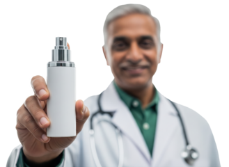 indian senior male doctor showing spray bottle
