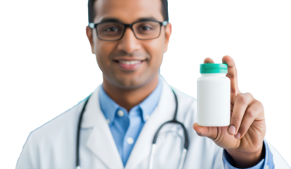 Smiling male doctor in a white coat holding up a white medicine bottle