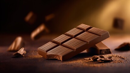 A glossy chocolate bar rests on a dark surface, chips scattered, bathed in warm cinematic light. Subtle shade