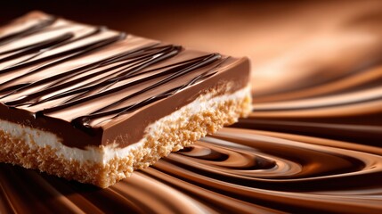 Close-up of a glossy chocolate-covered wafer bar resting on a swirl of silky milk chocolate with rich texture