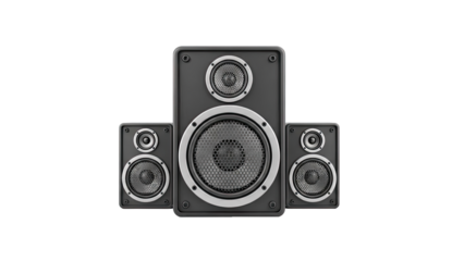 Three black stereo speakers in a row on white background