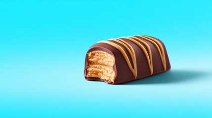 Chocolate-covered pastry with a bite taken, creamy filling exposed, glossy stripes atop a bright blue backdrop