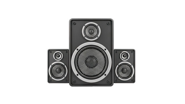 Three black stereo speakers in a row on white background