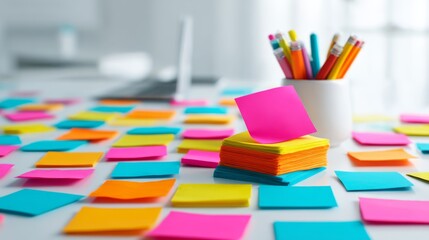 Creative Work Environment Colorful Stationery and Post-it Notes on Office Desk Sparking Ideas