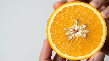 Orange tree farmer holds a freshly cut orange slice, showcasing vibrant color and texture, emphasizing the agricultural process and fruit quality in a natural setting
