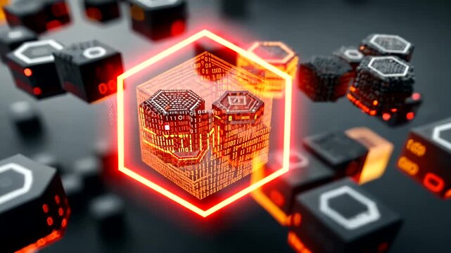 Abstract 3D Digital Background with Hexagonal Shapes and Glowing Binary Codes