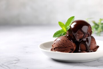 Creamy chocolate dessert scoops in a white dish topped with a mint sprig on a marble surface rich and elegant