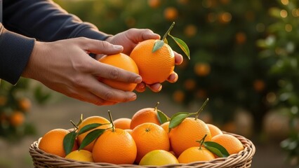 Orange tree farmer carefully selecting ripe oranges from a woven basket, surrounded by lush green foliage and vibrant orange fruit, showcasing the essence of agricultural harvest