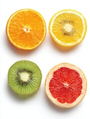 Fototapeta premium Four Sliced Fruits Orange Kiwi Grapefruit on White Background Studio Lighting