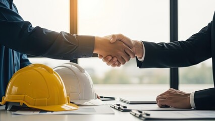 Two businessmen shaking hands in an office, symbolizing a successful partnership and agreement in the construction industry.