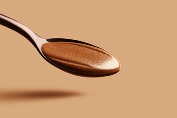 Closeup of a metallic spoon holding glossy brown liquid against a warm beige background. with soft shadow lit
