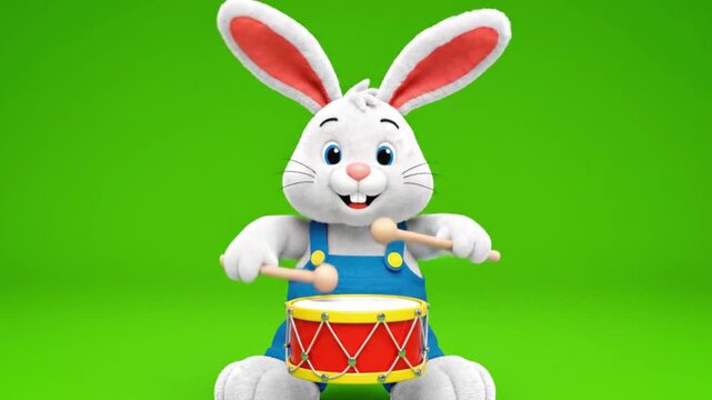 A charming 3D cartoon bunny, wearing blue overalls, joyfully plays a red drum with drumsticks on a green screen background