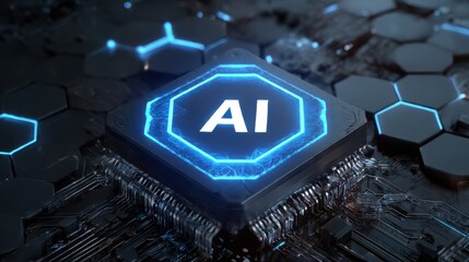 Glowing Blue AI Chip on Dark Futuristic Circuit Board with Hexagonal Patterns