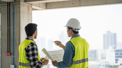 Two male engineers in safety vests and hard hats reviewing blueprints at a construction site.