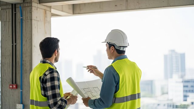 Two male engineers in safety vests and hard hats reviewing blueprints at a construction site. - Powered by Adobe