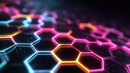 Glowing Neon Hexagons Abstract Background With Blue Pink Orange Lights And Particles