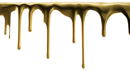 Golden drips flowing downwards, glossy, smooth surface, isolated on black