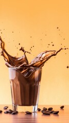 A glass of chocolate beverage splashes mid-air against a warm orange backdrop with scattered coffee beans all