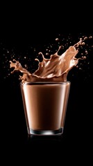Silky chocolate beverage swirls in a sleek glass as a dramatic! splash erupts upward against a black backdrop