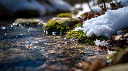 Fototapeta premium Close-Up of Crystal Clear River Water with Ice and Sunlight