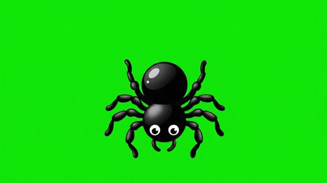 A spooky black cartoon spider with big, wide eyes floats motionless on a green screen background