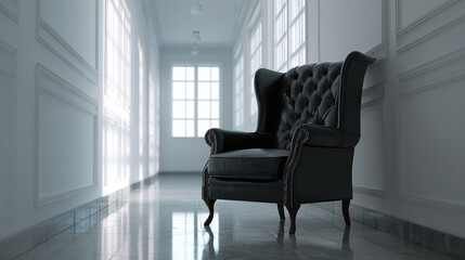 An elegant armchair in a modern building corridor, with a lot of light from window