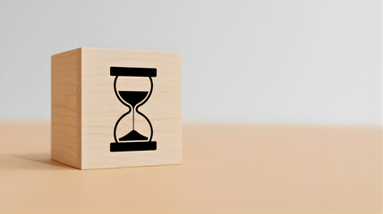 Hourglass icon on a wooden block representing the passage of time and the concept of urgency or deadlines