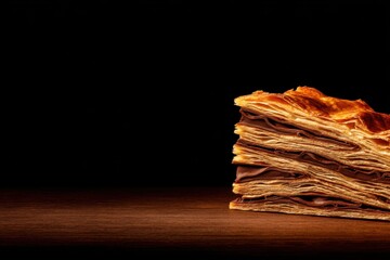 Stack of toasted bread slices on a wooden table under warm light against a dark background. Soft texture hint