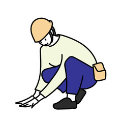 しゃがんで作業や点検を行う工事現場の作業員を描いたイラスト｜建設や整備の現場で安全に働く人物表現
