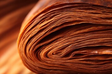 Close-up shot of curled, layered brown pastry leaves, revealing delicate, wavy textures and amber tones, glow