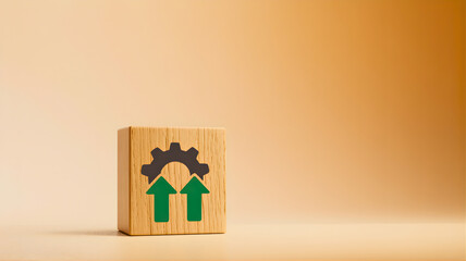 Conceptual image symbolizing system upgrade, process optimization, and technological advancement, featuring a gear icon with upward arrows on a wooden block, representing future progress